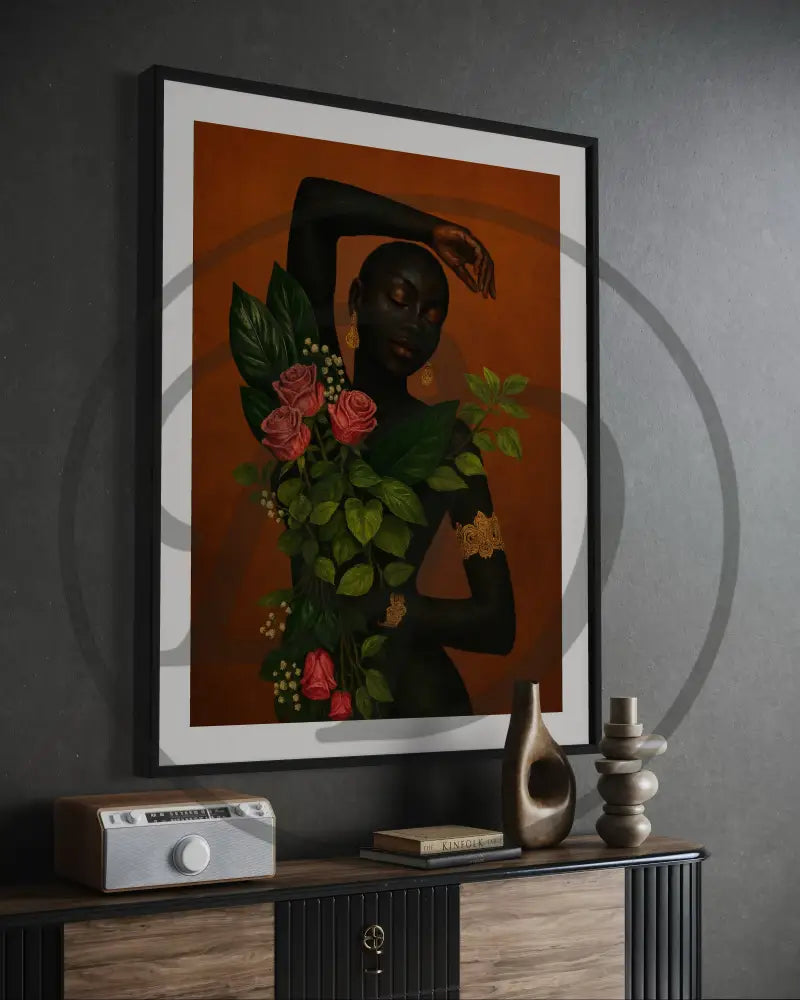 Printable Afrocentric art of a Black woman surrounded by roses and lush leaves.