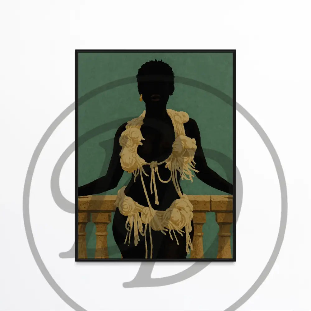 Faceless Black woman art with muted green background and balcony scene.