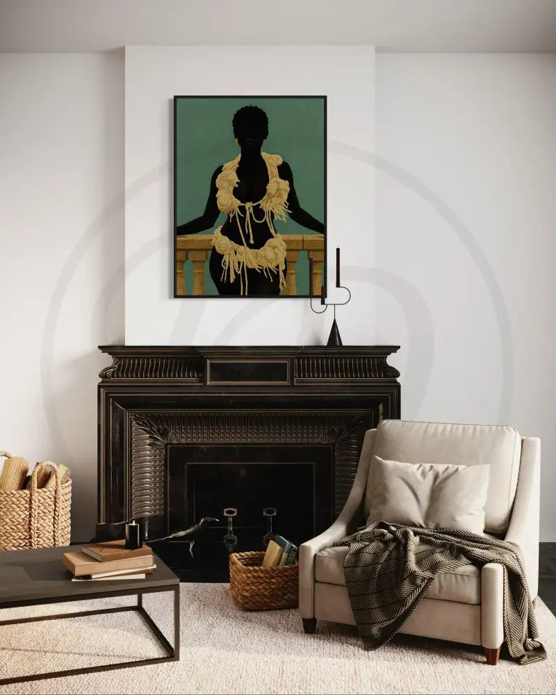 Afrocentric digital wall art of a faceless Black woman on a balcony.