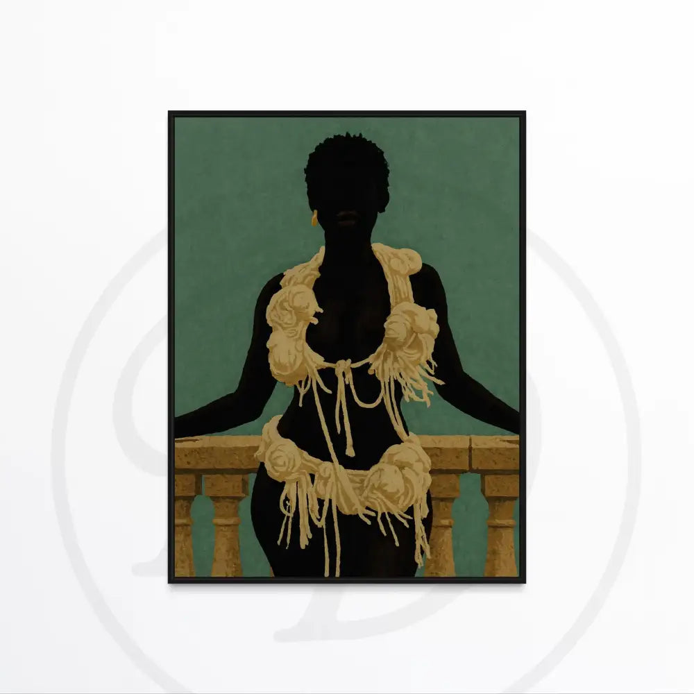 Faceless Black woman art with muted green background and balcony scene.