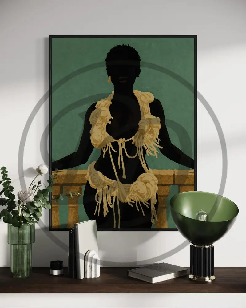 Modern Afrocentric wall décor of a faceless figure in green and gold tones.
