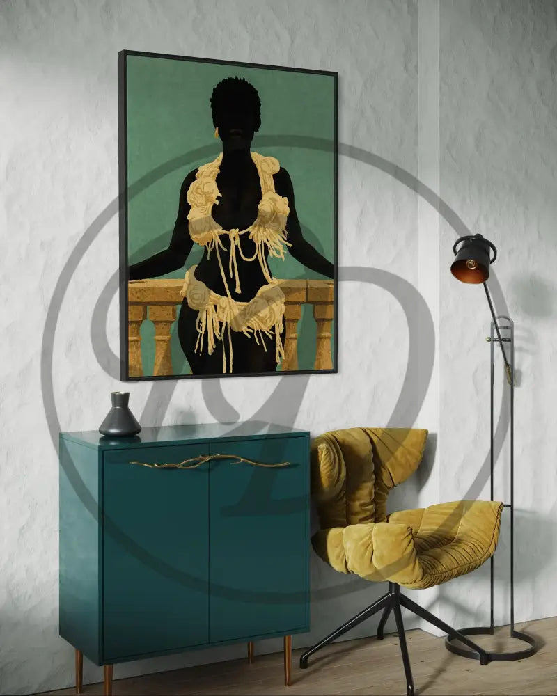 Digital art print of Black woman balcony silhouette for soulful home décor.