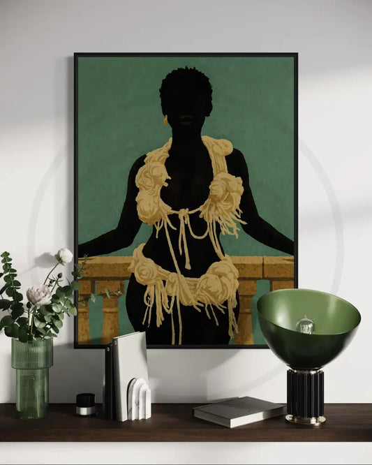 Modern Afrocentric wall décor of a faceless figure in green and gold tones.