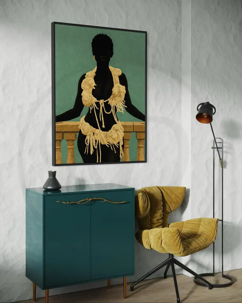 Digital art print of Black woman balcony silhouette for soulful home décor.