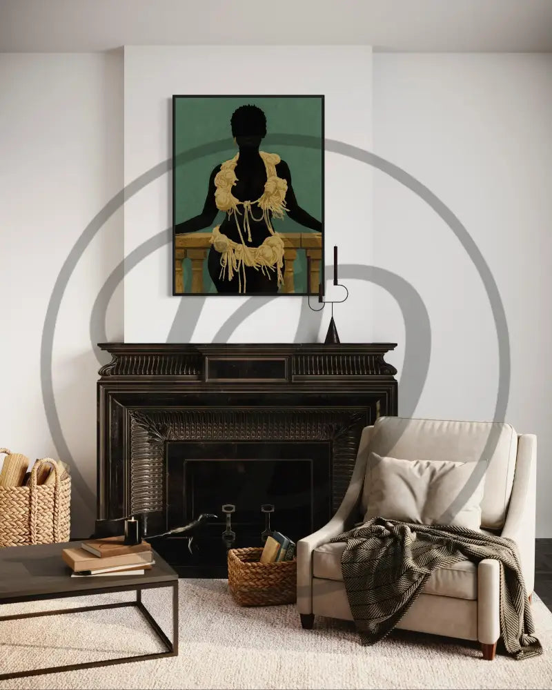 Afrocentric digital wall art of a faceless Black woman on a balcony.