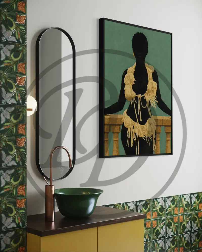 Printable minimalist artwork featuring Black woman with floral rope adornments.