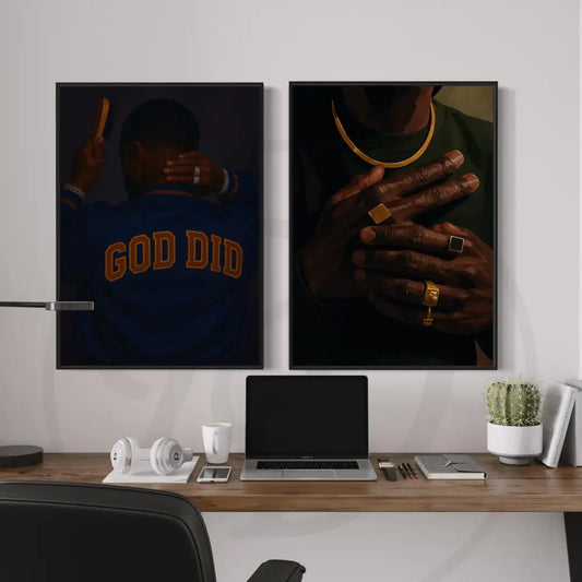 Afrocentric digital wall art 2-piece set of Black men’s urban lifestyle: one brushing hair with “GOD DID” jacket, and one with gold jewelry on hands. Printable African art.