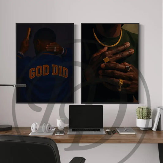 Afrocentric digital wall art 2-piece set of Black men’s urban lifestyle: one brushing hair with “GOD DID” jacket, and one with gold jewelry on hands. Printable African art.
