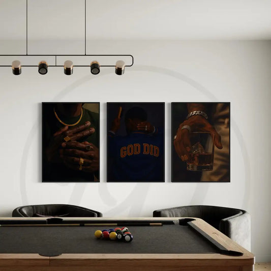 Afrocentric digital wall art 3-piece set of Black men urban lifestyle: jewelry, whiskey, and culture. Printable African art for modern interiors.
