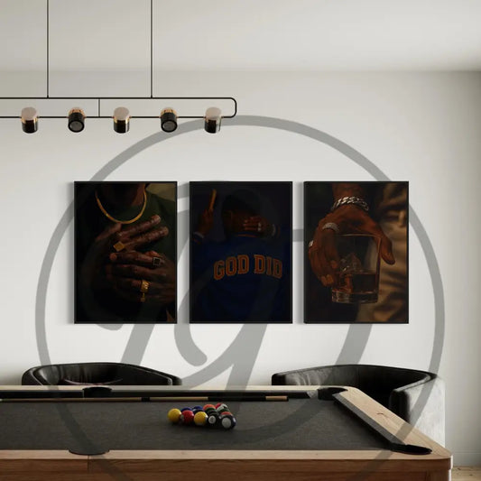 Afrocentric digital wall art 3-piece set of Black men urban lifestyle: jewelry, whiskey, and culture. Printable African art for modern interiors.