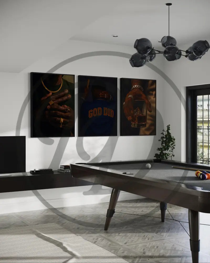 Black culture-inspired wall art triptych of urban luxury and powerful details.