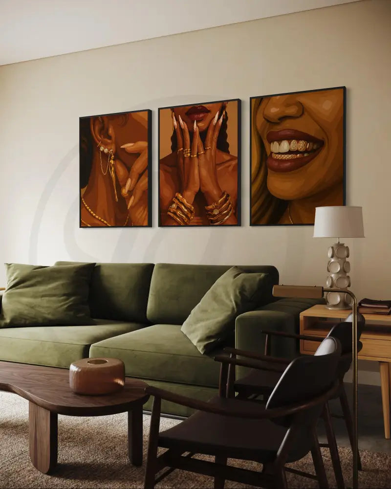 Printable Afrocentric art set of Black woman details: jewelry and gold grills.