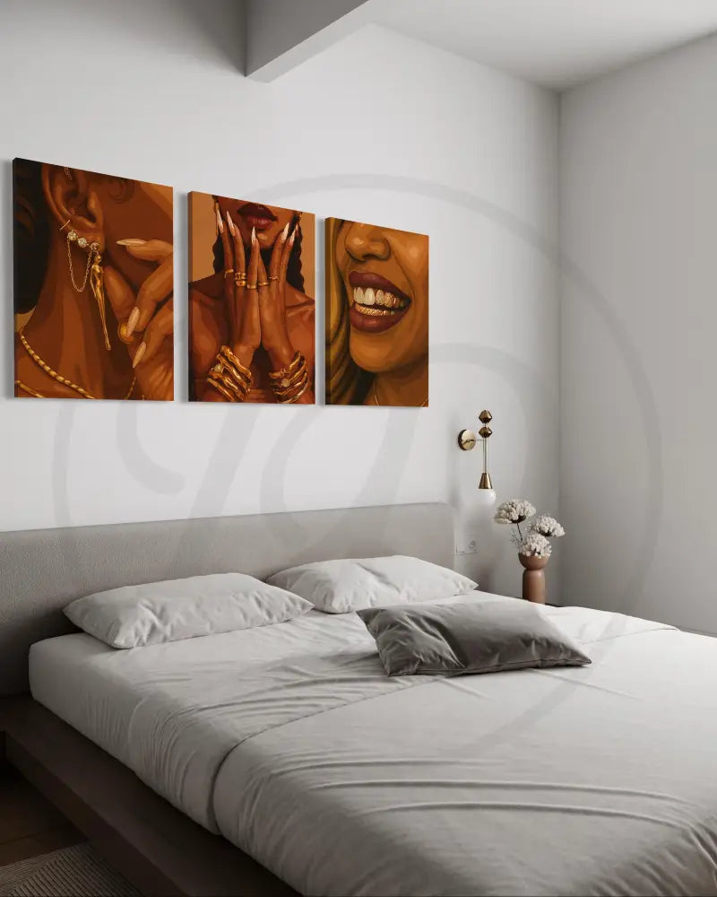 Black culture-inspired wall art triptych featuring jewelry and bold style.