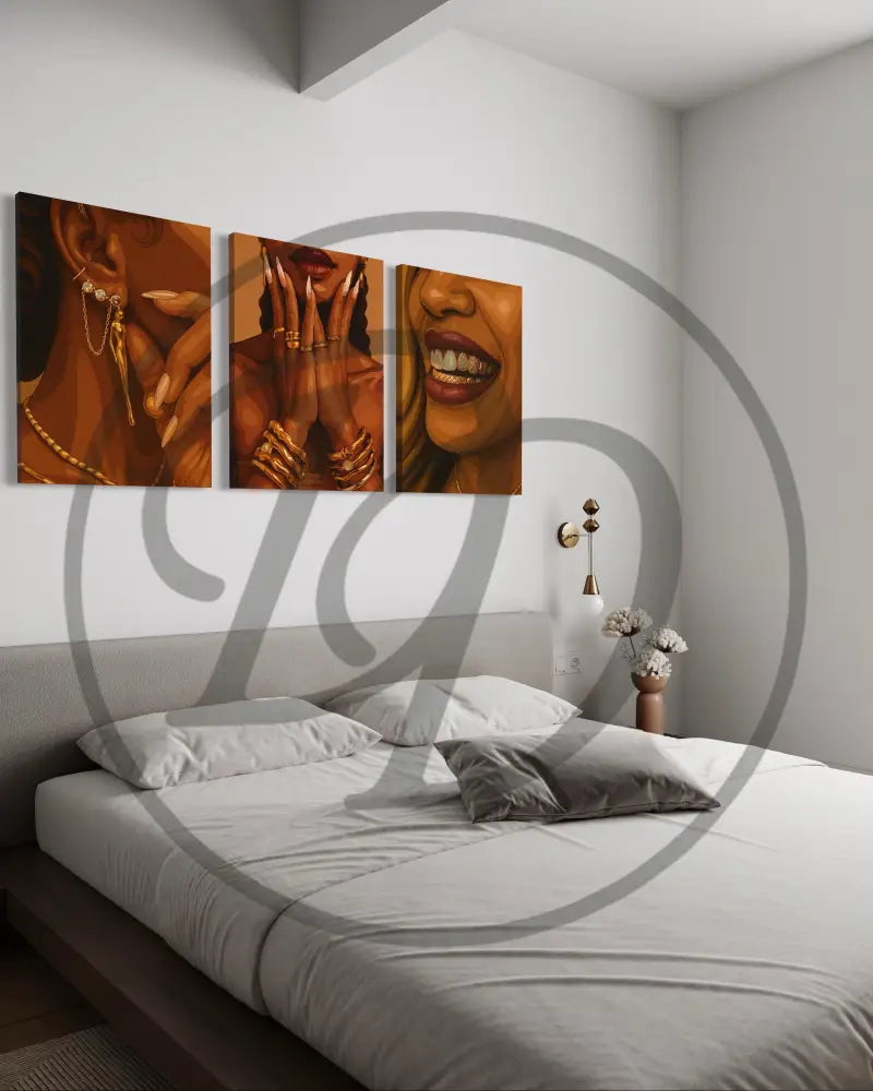 Black culture-inspired wall art triptych featuring jewelry and bold style.