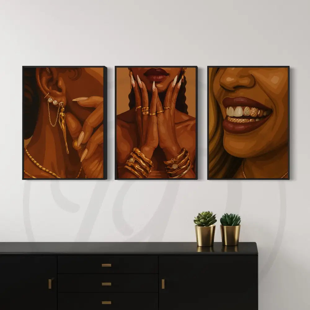 Afrocentric digital wall art 3-piece set featuring Black woman jewelry, manicured hands, and a smile with gold grills. Printable African art for modern interiors.