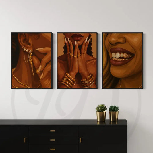 Afrocentric digital wall art 3-piece set featuring Black woman jewelry, manicured hands, and a smile with gold grills. Printable African art for modern interiors.