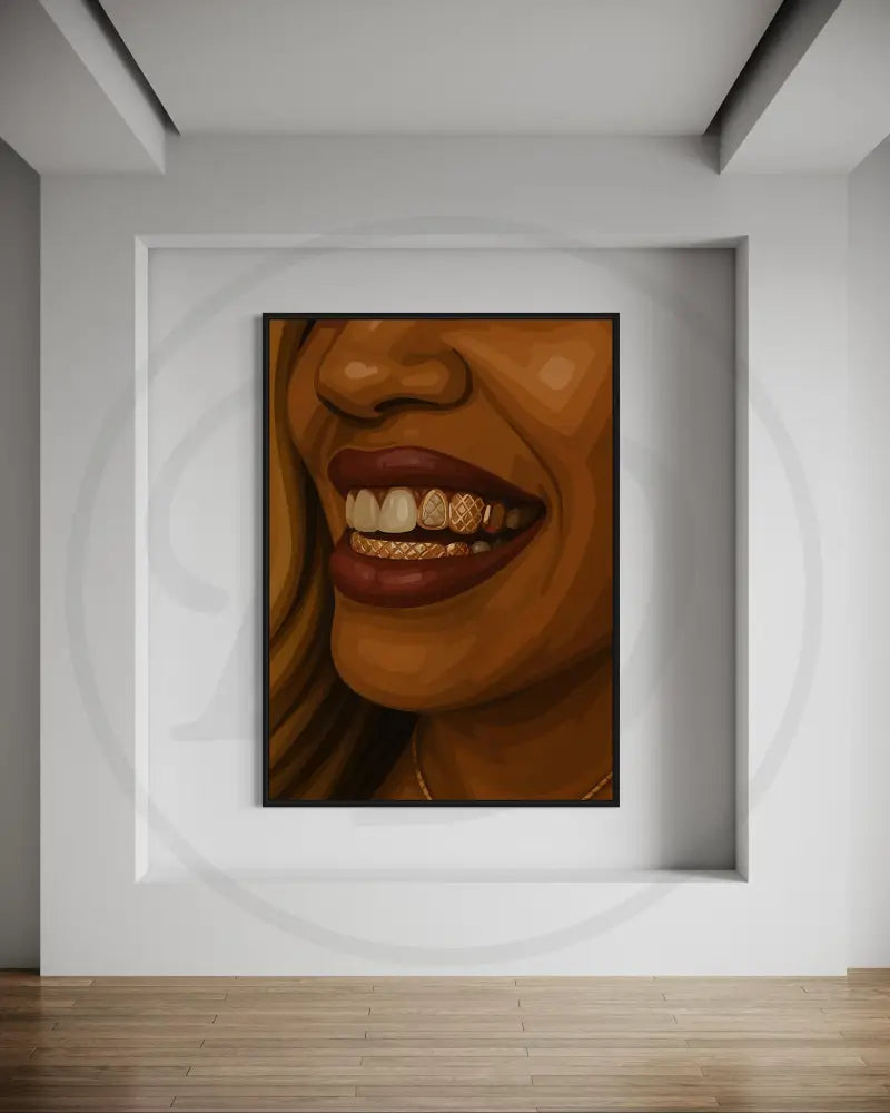 Digital wall art 3-piece set of Black woman’s earrings, hands, and radiant smile.