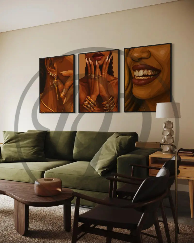 Printable Afrocentric art set of Black woman details: jewelry and gold grills.