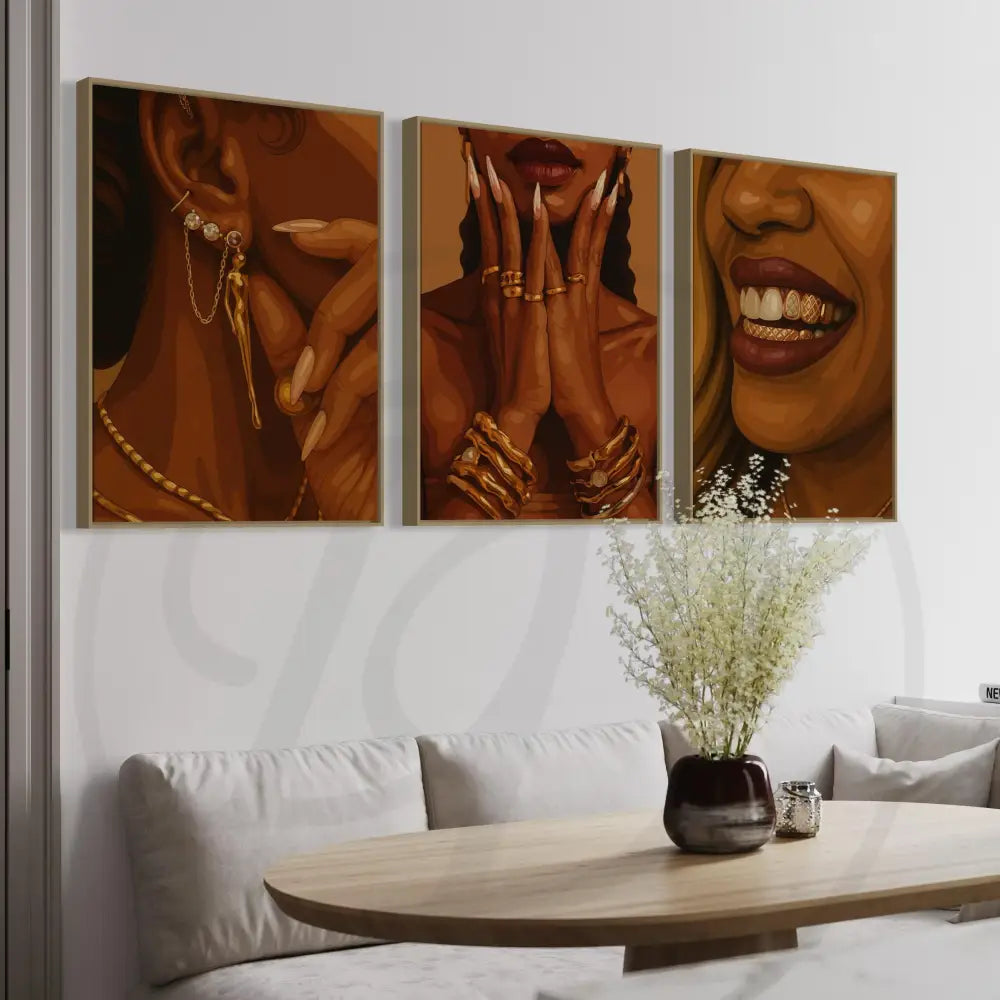 Three-piece digital art set showcasing elegance in close-up Black portraits.