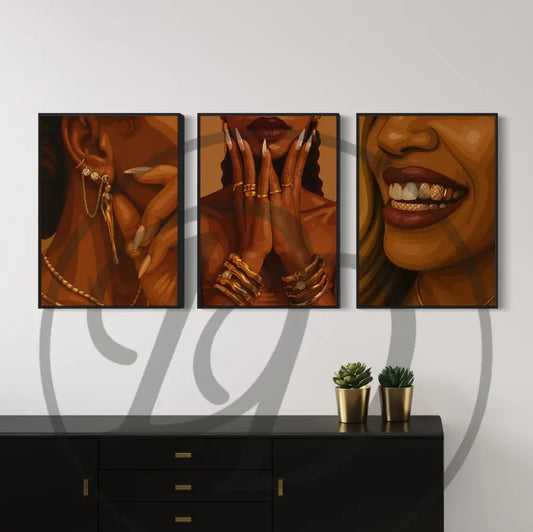 Afrocentric digital wall art 3-piece set featuring Black woman jewelry, manicured hands, and a smile with gold grills. Printable African art for modern interiors.