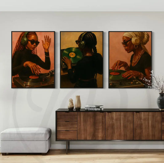 Afrocentric digital wall art 3-piece set of Black women DJs wearing headphones and spinning records at turntables. Printable art for music lovers.