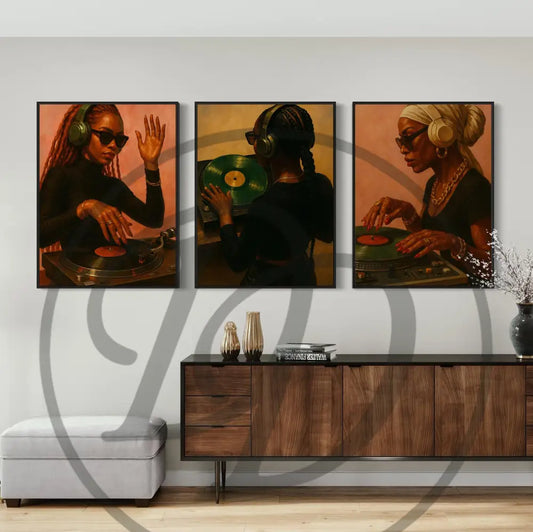 Afrocentric digital wall art 3-piece set of Black women DJs wearing headphones and spinning records at turntables. Printable art for music lovers.