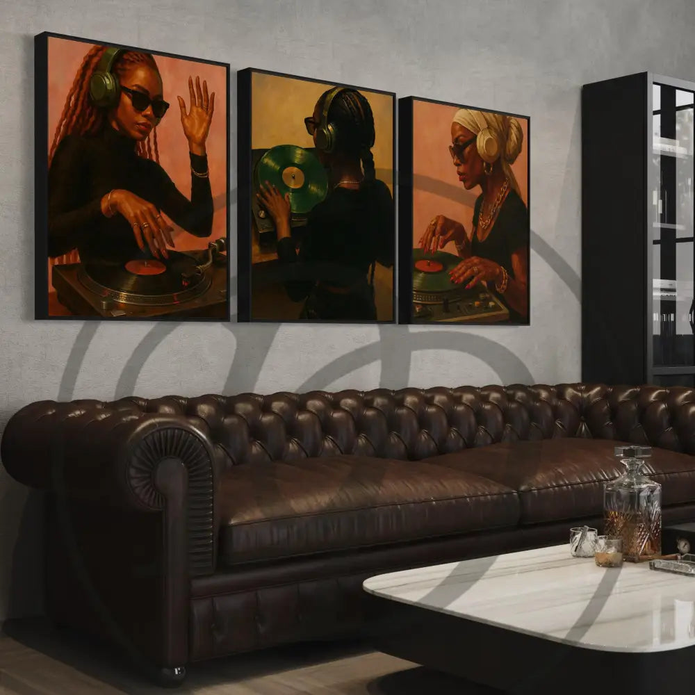 Digital wall art 3-piece set featuring stylish Black women at turntables.