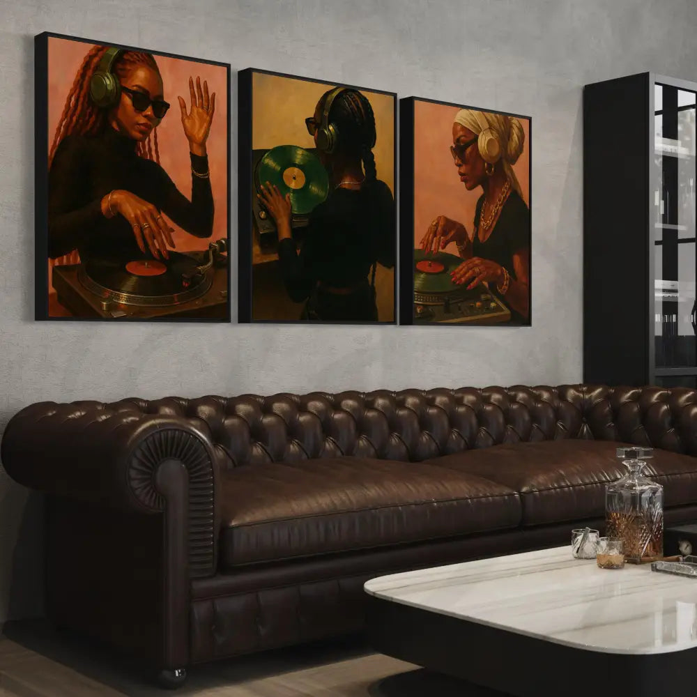Digital wall art 3-piece set featuring stylish Black women at turntables.