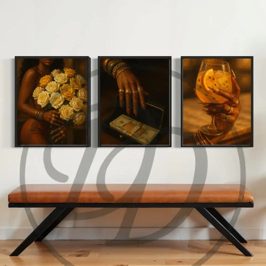 Afrocentric digital wall art 5-piece set of Black woman elegance and lifestyle: hands, jewelry, roses, and cocktails. Printable African art for modern interiors.