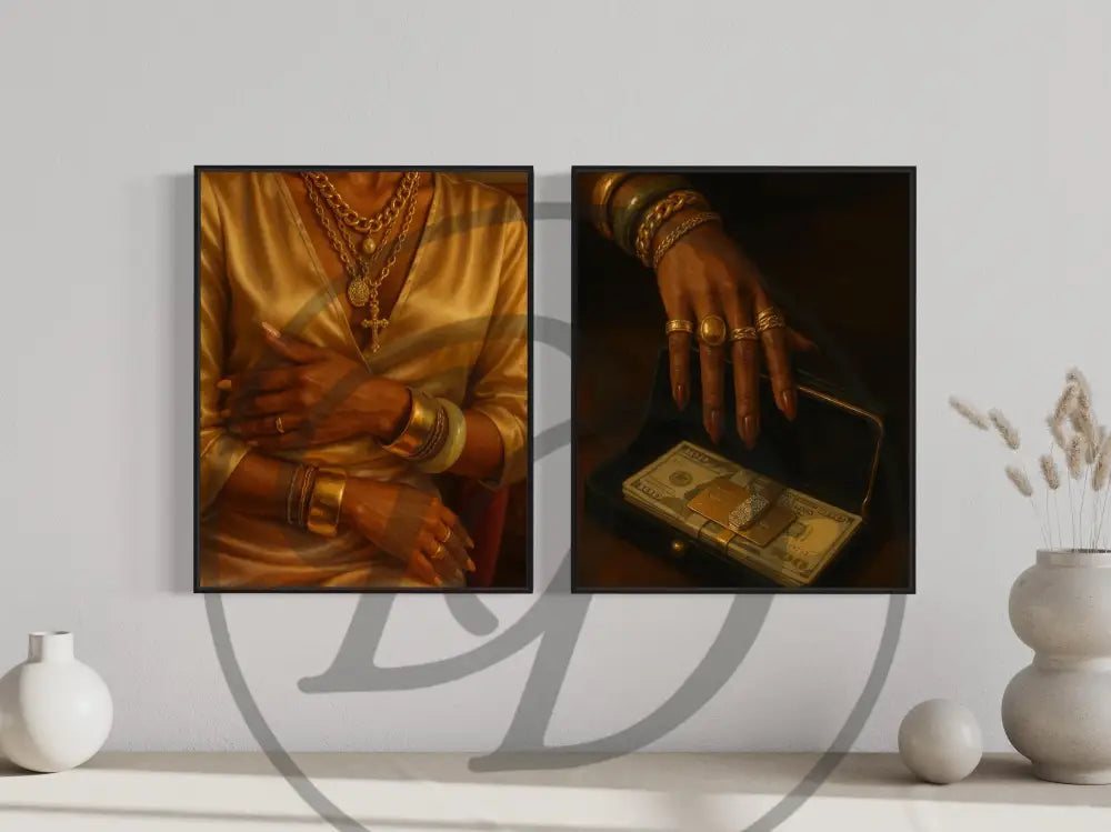 Digital wall art 5-piece set of feminine luxury in golden warm tones.