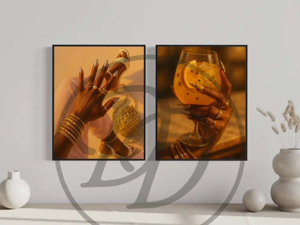 Modern African American artwork with hands, cocktails, and fashion details.
