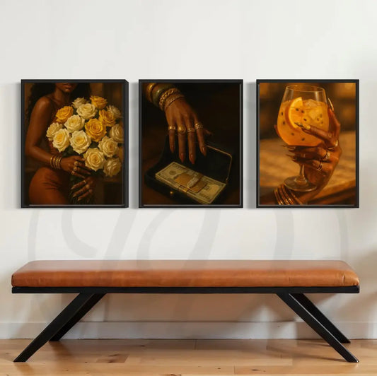 Afrocentric digital wall art 5-piece set of Black woman elegance and lifestyle: hands, jewelry, roses, and cocktails. Printable African art for modern interiors.