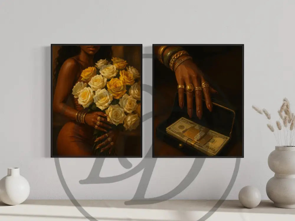 Black culture-inspired wall art set with roses, drinks, and elegant hands.
