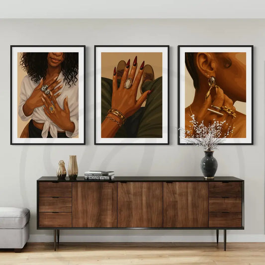 Afrocentric digital wall art 5-piece set of Black woman jewelry, hands, and gold grill smile. Printable African art for contemporary interiors.