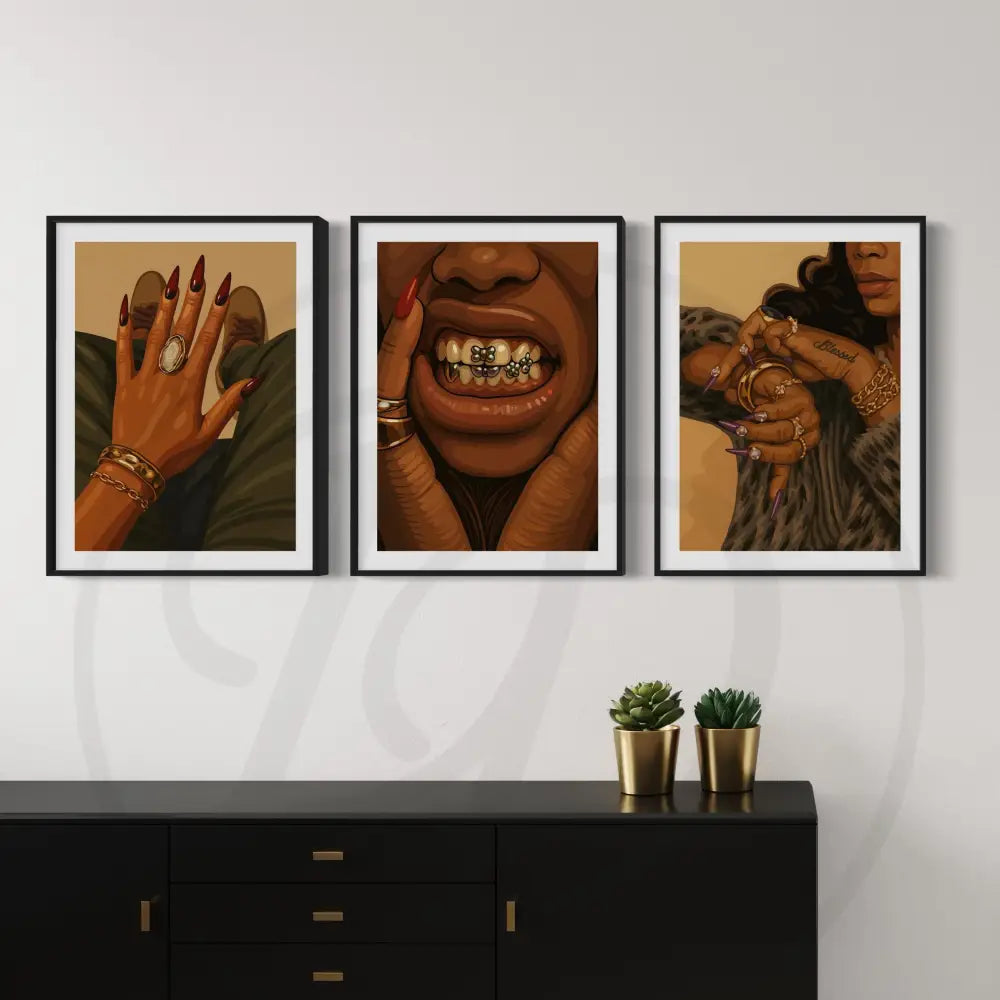 Printable Afrocentric art set of Black woman jewelry, lifestyle, and accessories.