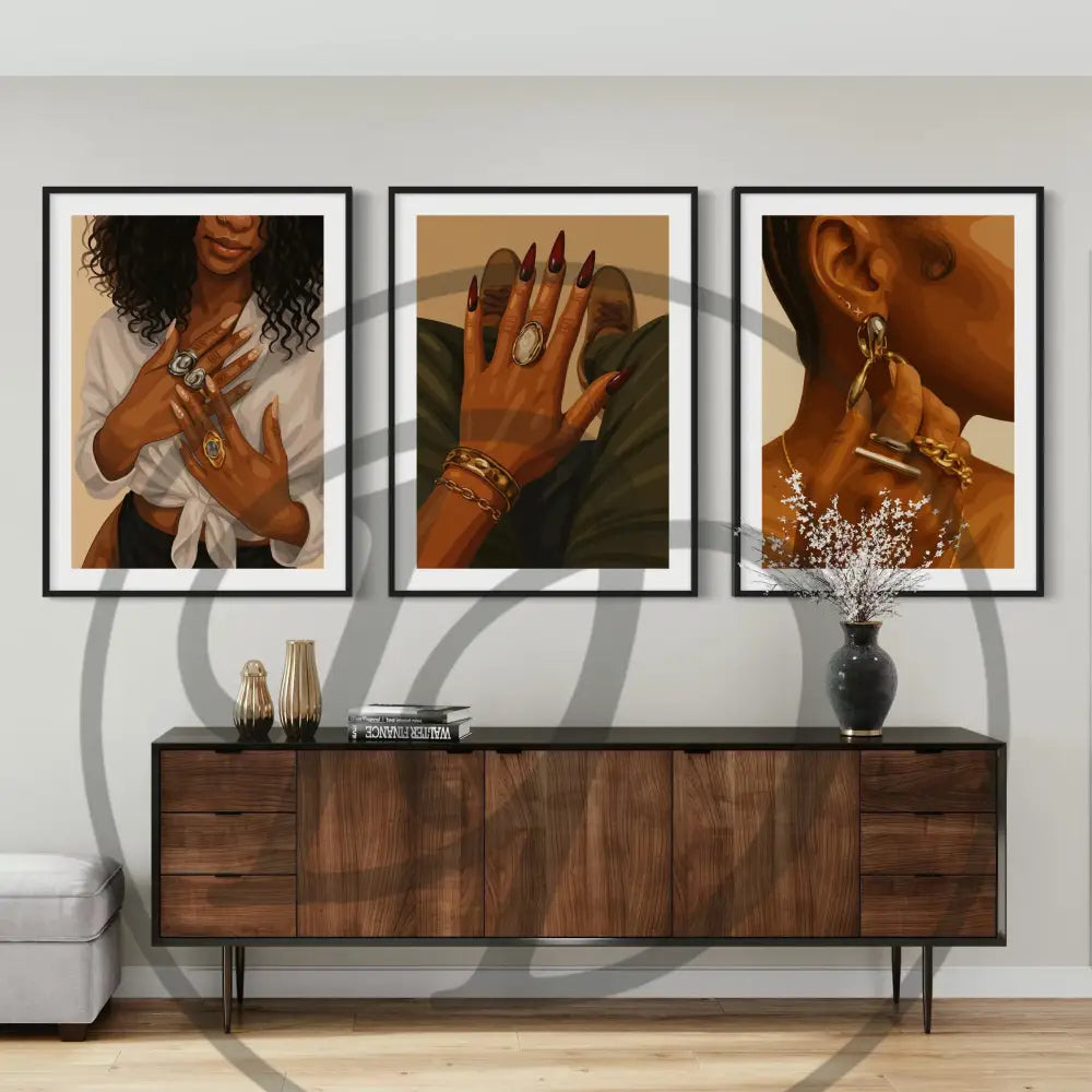 Afrocentric digital wall art 5-piece set of Black woman jewelry, hands, and gold grill smile. Printable African art for contemporary interiors.