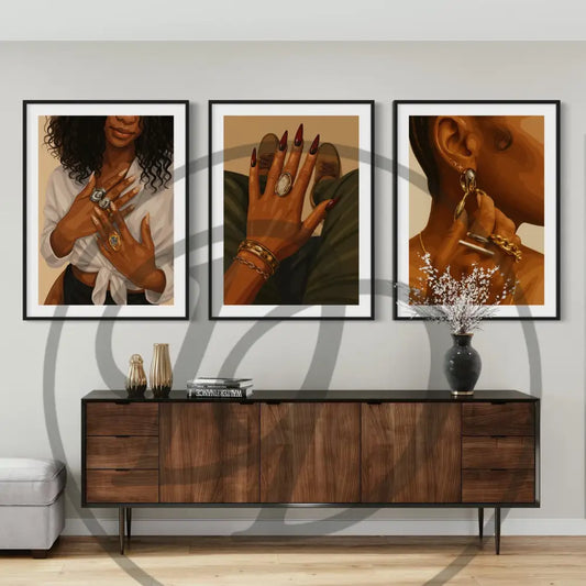 Afrocentric digital wall art 5-piece set of Black woman jewelry, hands, and gold grill smile. Printable African art for contemporary interiors.