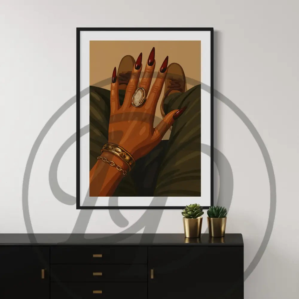 Modern African American artwork set with close-ups of jewelry and nails.