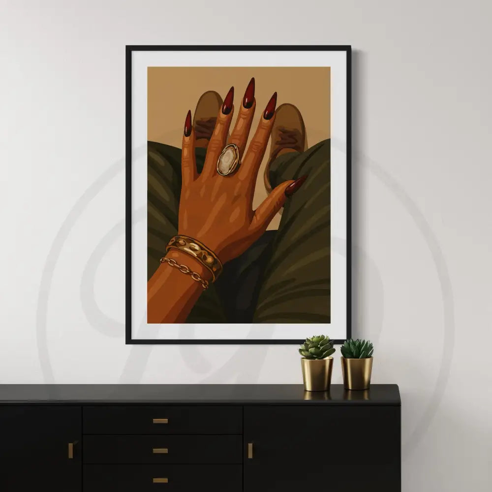 Modern African American artwork set with close-ups of jewelry and nails.