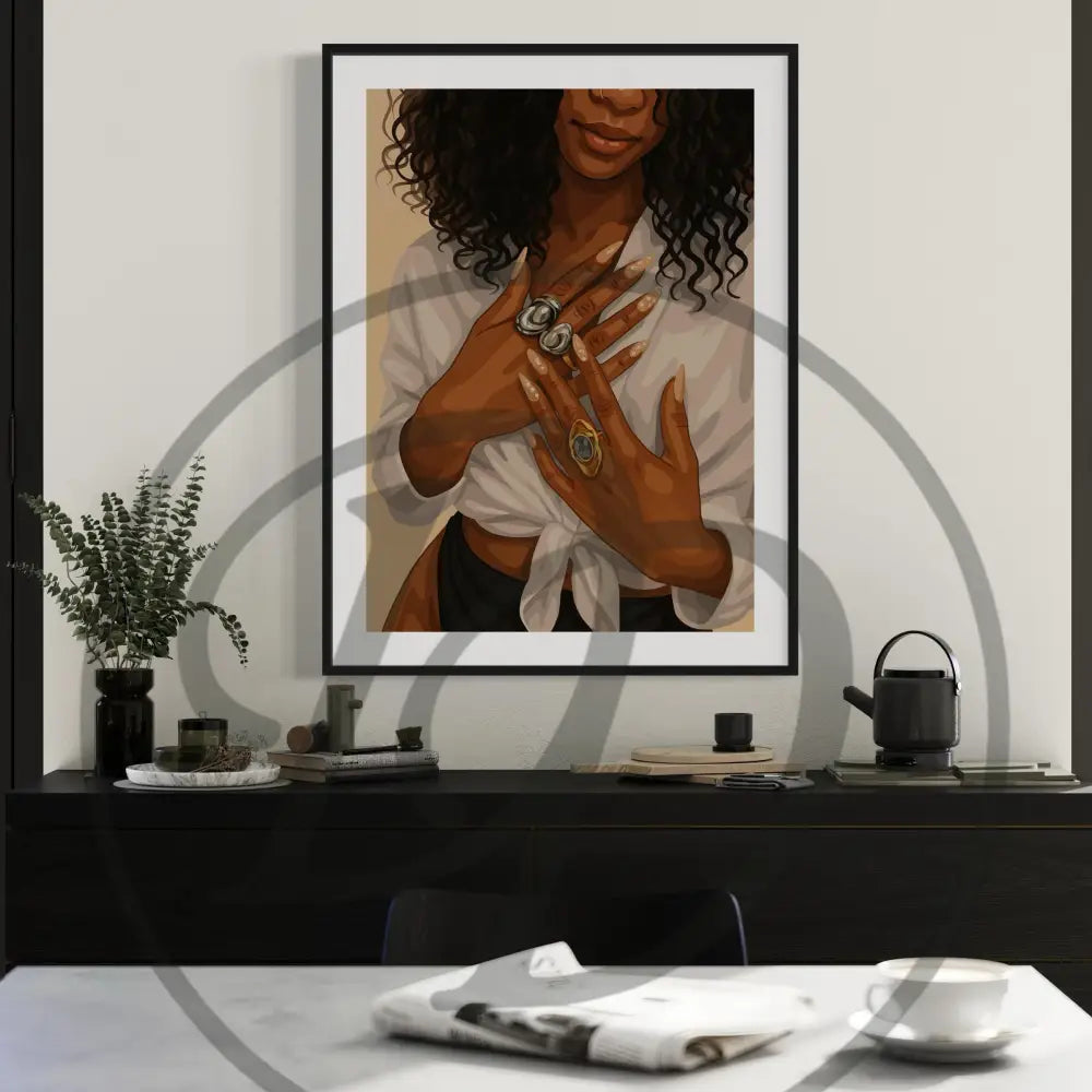Digital wall art 5-piece set featuring hands, earrings, and gold grillz.