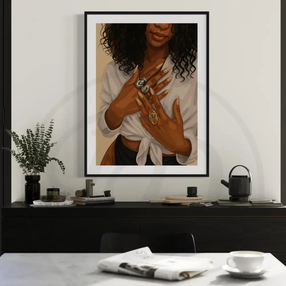 Digital wall art 5-piece set featuring hands, earrings, and gold grillz.