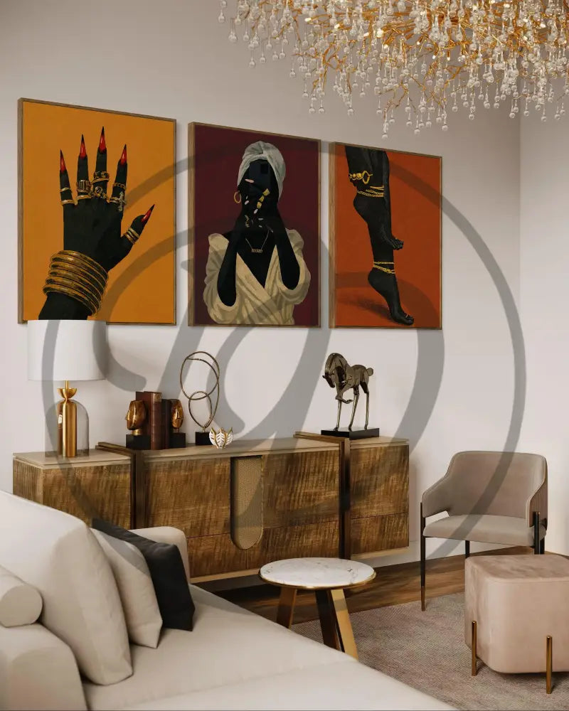Three-piece digital art set showcasing Black woman elegance and style.