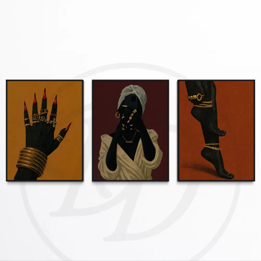 Printable Afrocentric art set of Black woman hand, figure, and feet details.