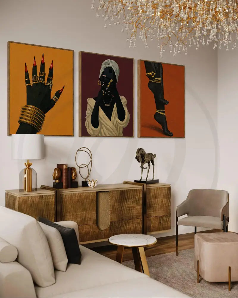 Three-piece digital art set showcasing Black woman elegance and style.
