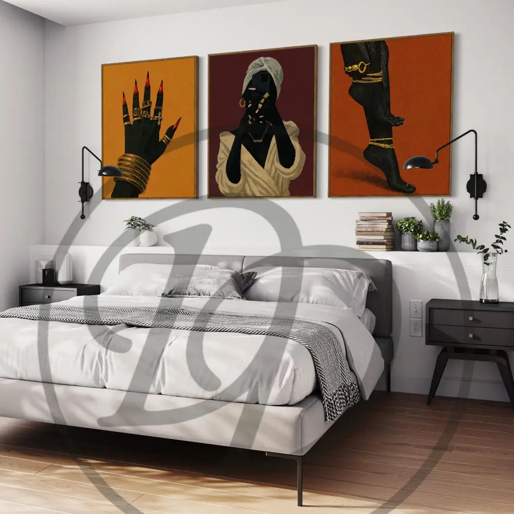 Black culture-inspired wall art triptych with rings, bangles, and gold heels.