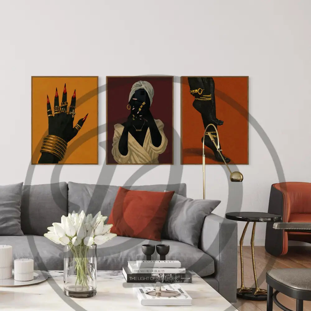 Afrocentric digital wall art 3-piece set of Black woman luxe details: hand, figure, and feet with gold jewelry. Printable African art for modern interiors.