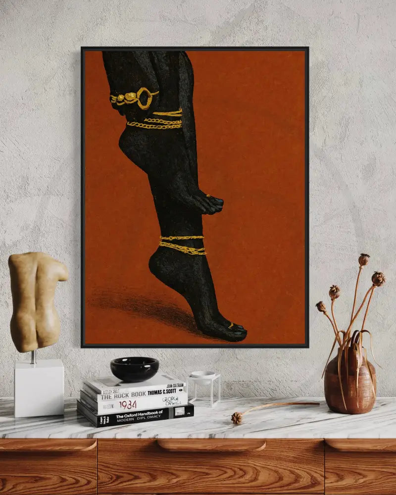Modern African American artwork of jewelry, heels, and faceless portrait.