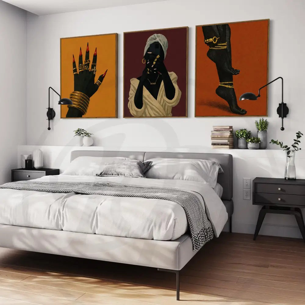Black culture-inspired wall art triptych with rings, bangles, and gold heels.