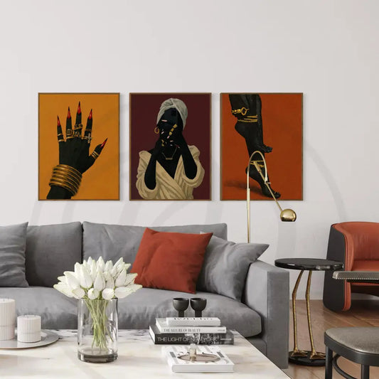 Afrocentric digital wall art 3-piece set of Black woman luxe details: hand, figure, and feet with gold jewelry. Printable African art for modern interiors.