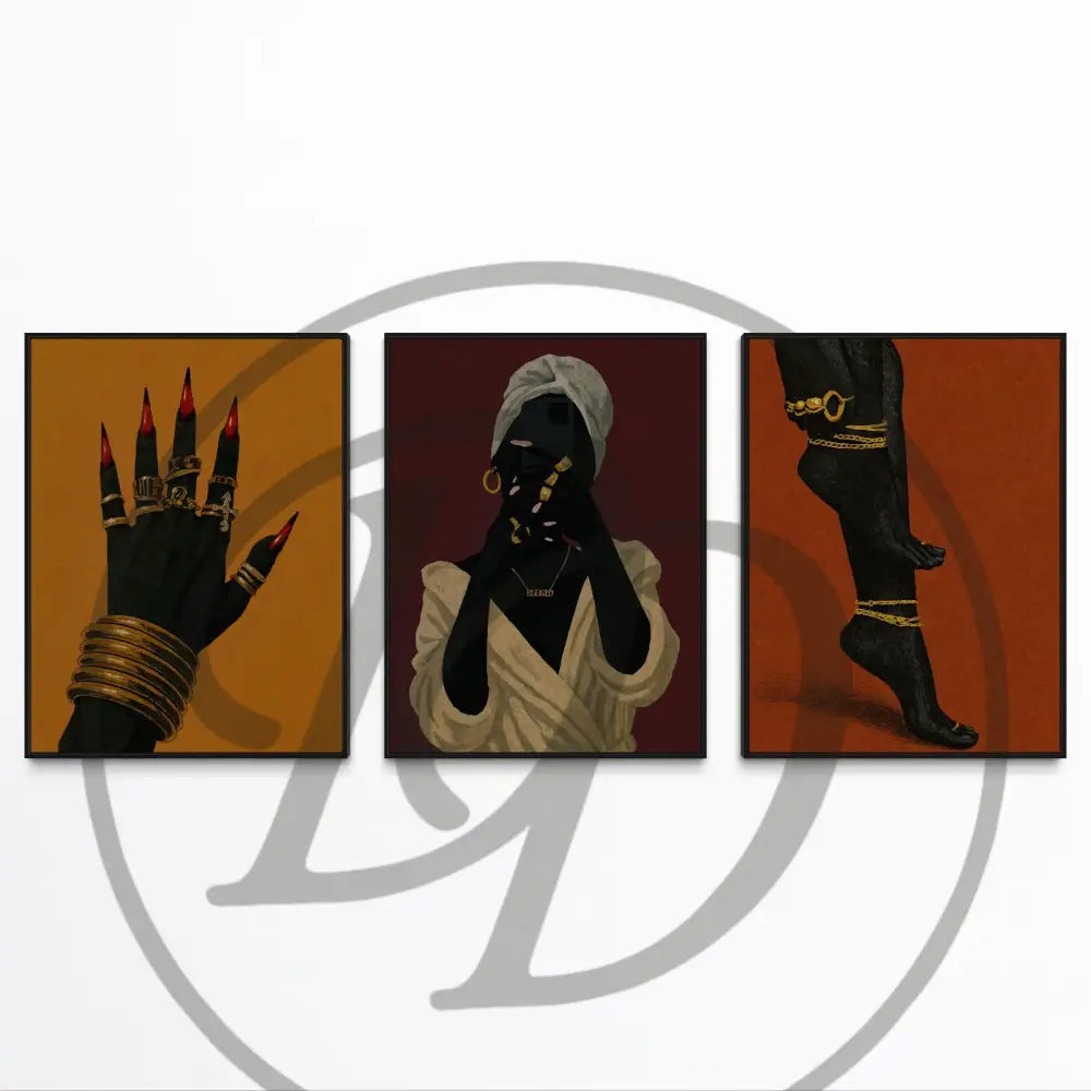 Printable Afrocentric art set of Black woman hand, figure, and feet details.